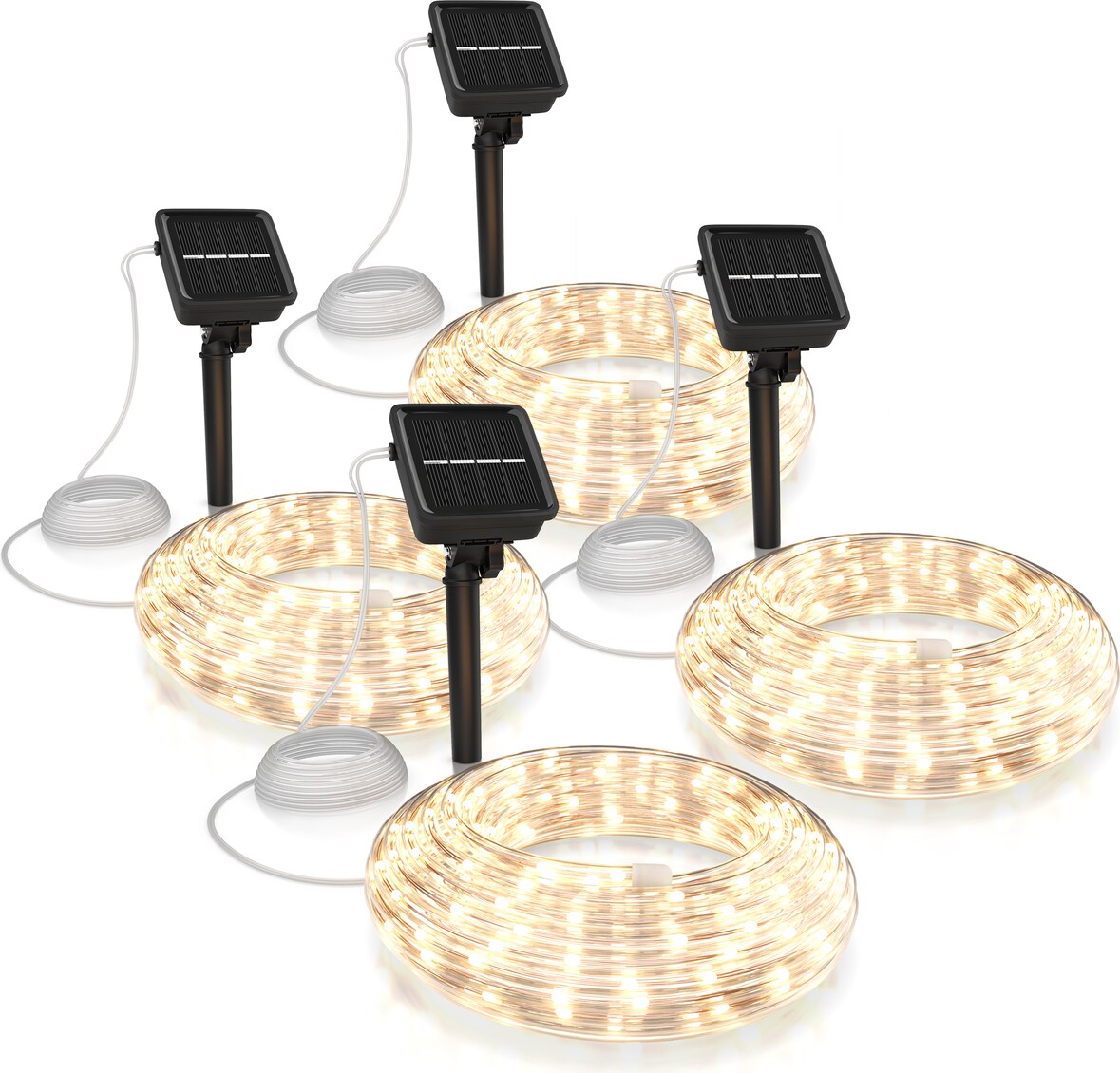BEARWARE 4x LED-Lichterkette, Solar 10m warmweiß, Innen & Außen, Solarpanel mit Akku, 100 Leds, IP44