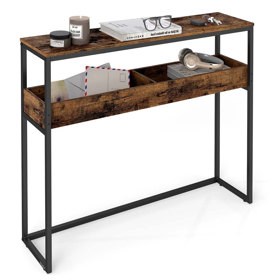 Helloshop26 - Mesa de entrada mesa de apoio mesa lateral estreita de 2 níveis com compartimentos semiabertos 24 x 100 x 80 cm para 12_0007998