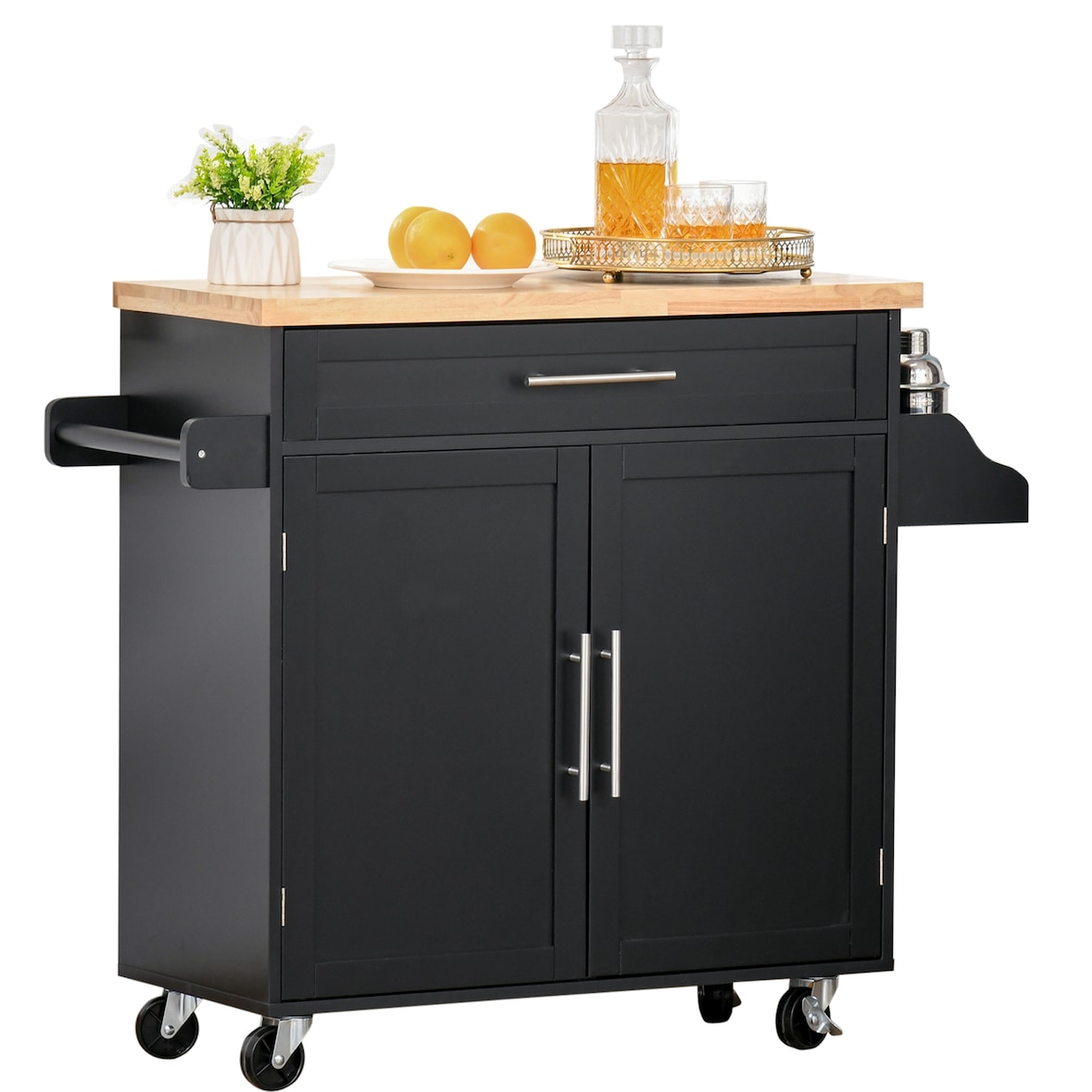 Carrito de Cocina con Armario Cerrado Cajón Toallero y Especiero Estante Ajustable Interior Móvil con Ruedas para Comedor 109x40x89 cm Negro
