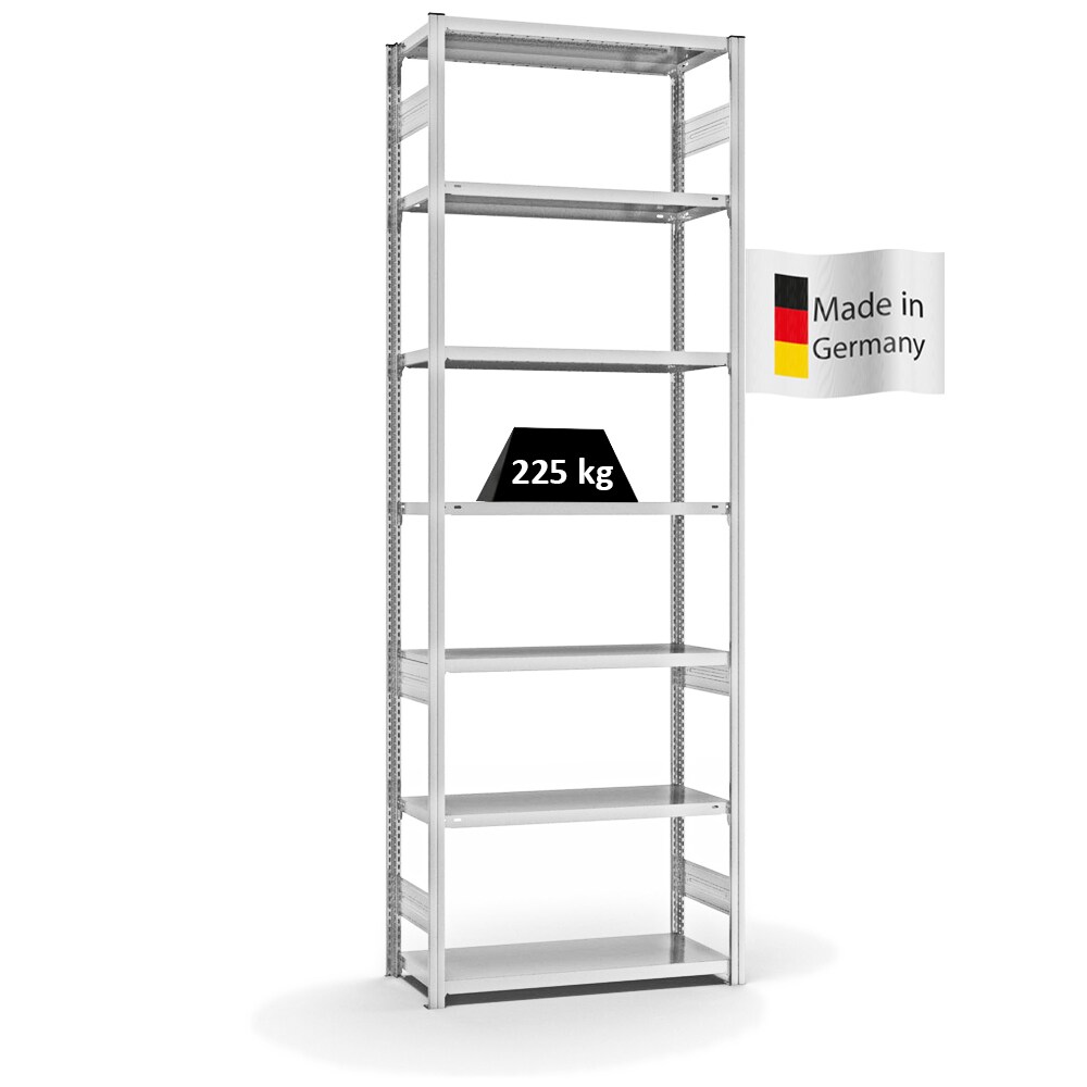 PROREGAL Fachbodenregal Stecksystem | Grundregal | HxBxT 300x100x40cm | 7 Ebenen | Fachlast 225 kg | Beidseitig nutzbar | Lichtgrau