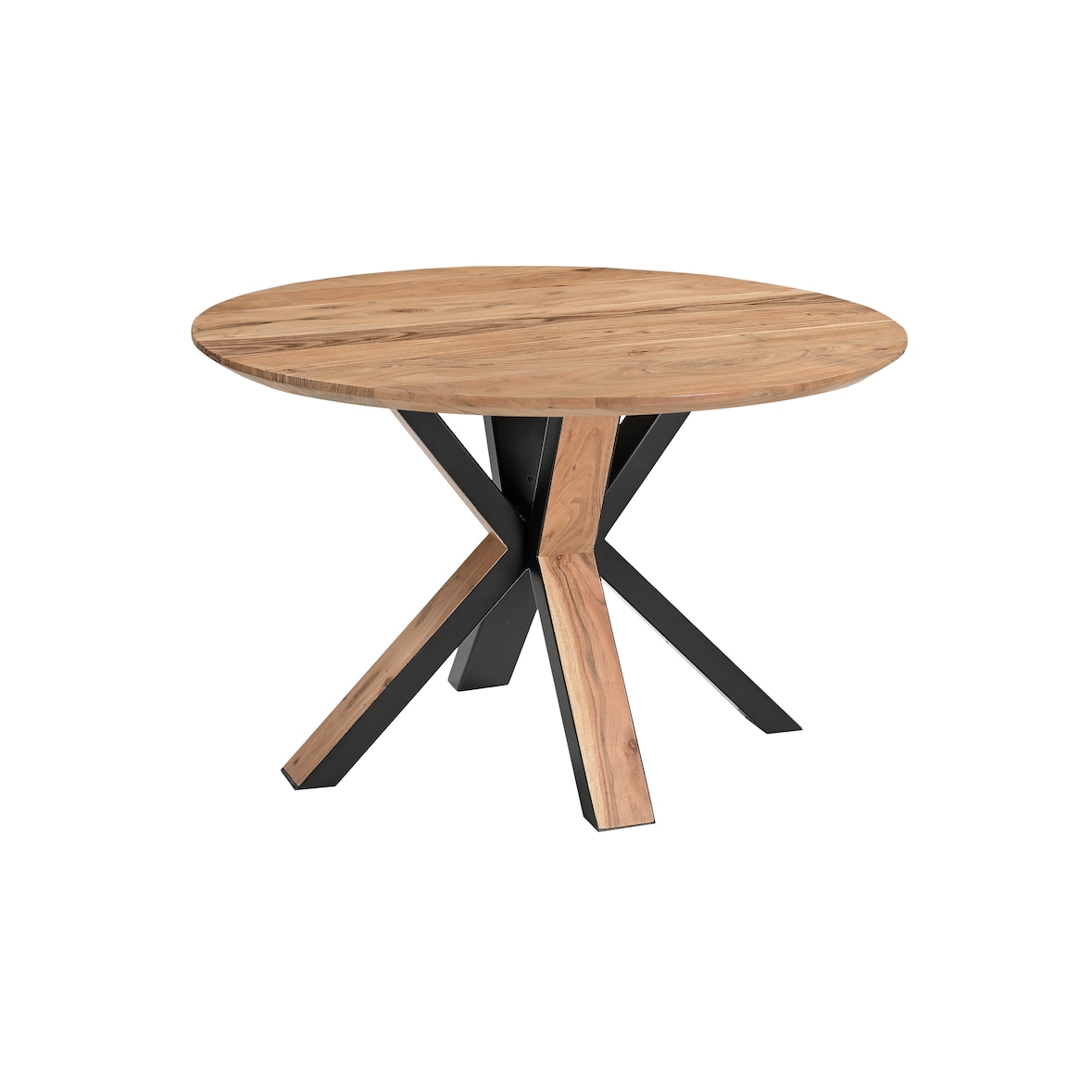 Runder Esszimmertisch Akazie naturfarben Schweizer Kante 105 cm Spider-Gestell schwarz aus Metall + Holz CARA
