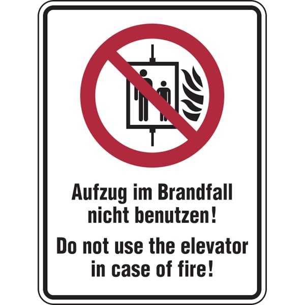 Kombischild, Aufzug im Brandfall nicht benutzen, Deutsch/Englisch - DIN EN ISO 7010 - 100x150 mm Folie selbstklebend