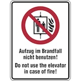 thumbnail of Kombischild, Aufzug im Brandfall nicht benutzen, Deutsch/Englisch - DIN EN ISO 7010 - 100x150 mm Folie selbstklebend