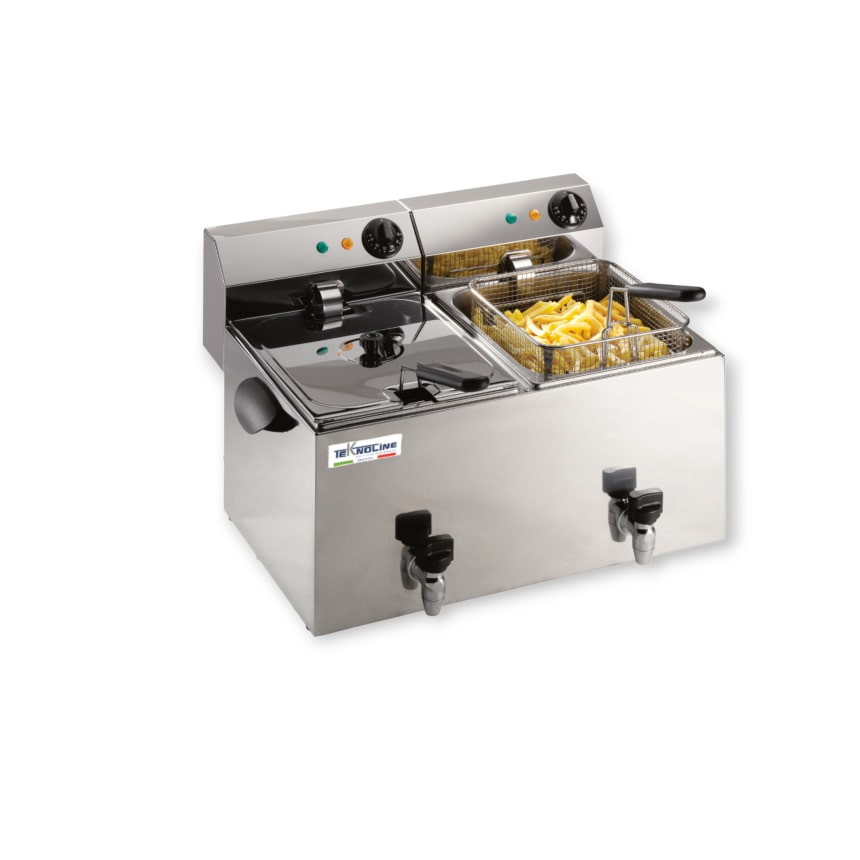 Teknoline, FRIGGITRICE doppia 8+8 Lt, Termostato di lavoro 50-180° e sicurezza, resistenze removibili, rubinetto, 3250+3250W, Mod.FR8+8R.