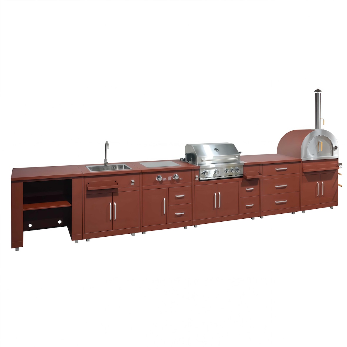 Set cucina da esterno Oviala a 6 pezzi con modulo cottura, acciaio, 96 x 524 x 66 cm, finitura mattone