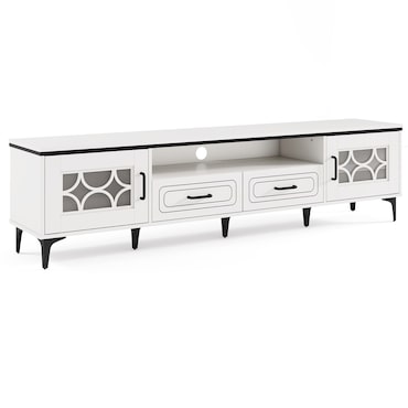 COSTWAY Mueble TV de bambú, mueble bajo para televisores de hasta 80 pulgadas, mueble TV con 2 cajones, 2 puertas (blanco)