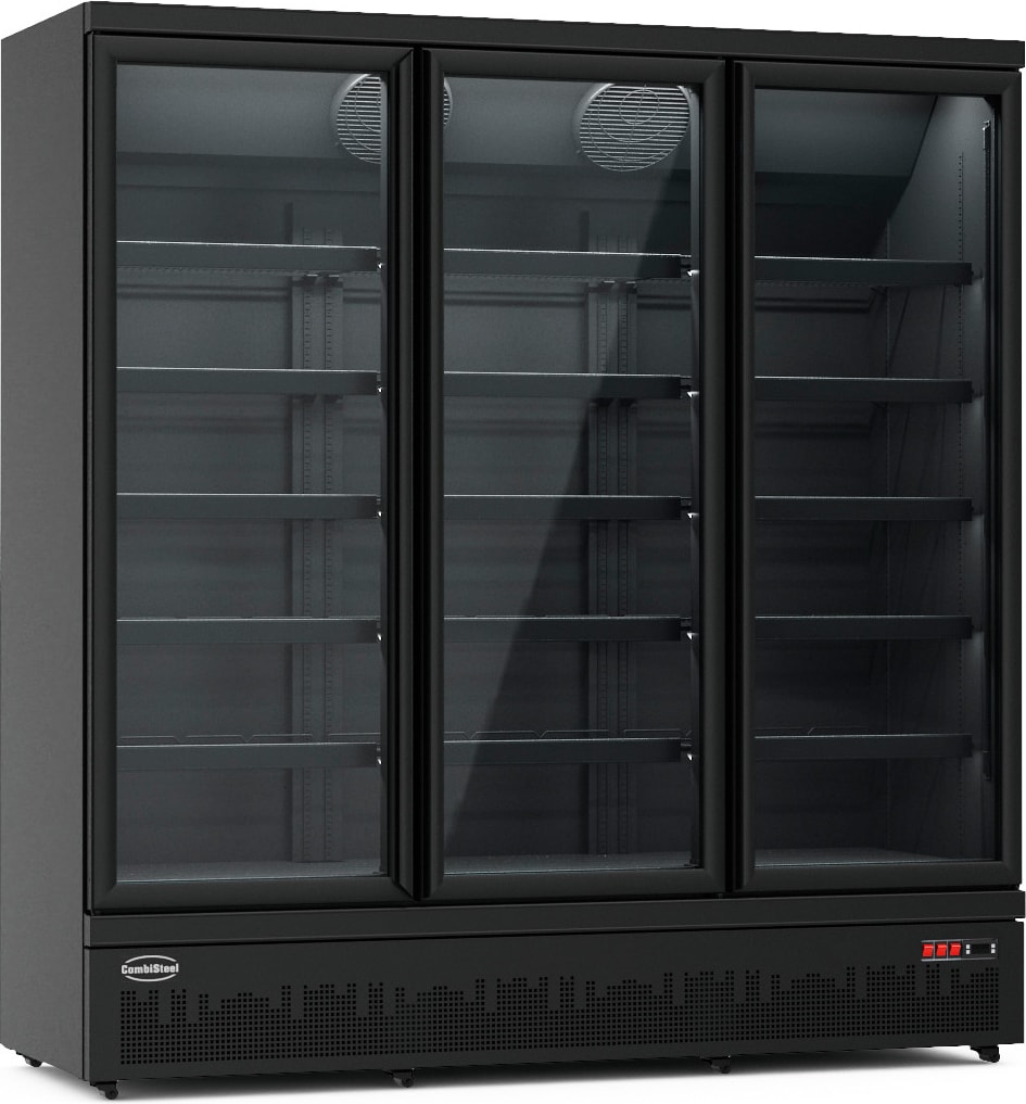 Kühlschrank RHINO auf Rollen | 3x Glastür + LED | 1530 Liter, HxBxT 199,7x188x71cm | 0/+10°C | Schwarz + CHEFGASTRO Geschirrtuch