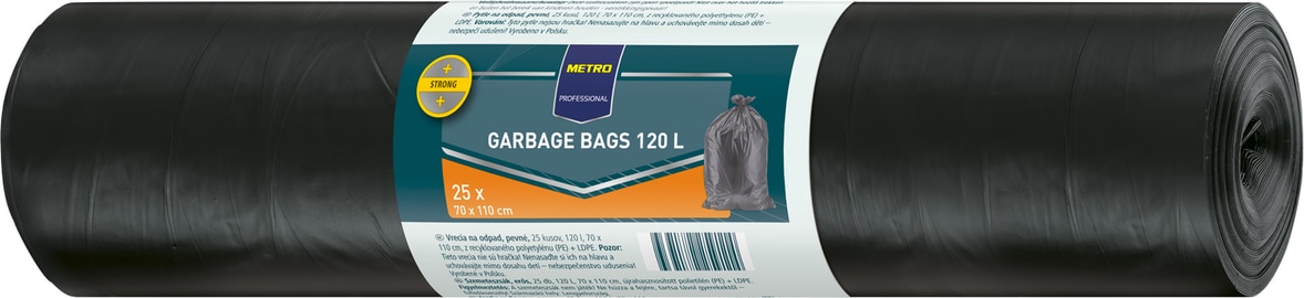 METRO PROFESSIONAL Müllsack, 70 x 110 cm, 120 L, mit Zugband, schwarz, 2 x 25 Stück, 4 Packungen