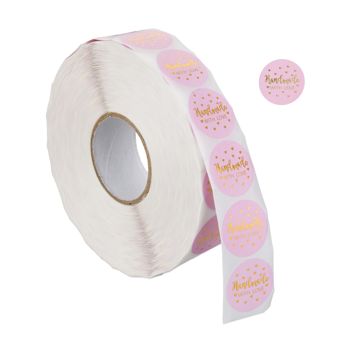 Relaxdays Handmade with Love Aufkleber, 2500 selbstklebende Etiketten, runde Sticker, Ø 25 mm, Stickerrolle, rosa/gold