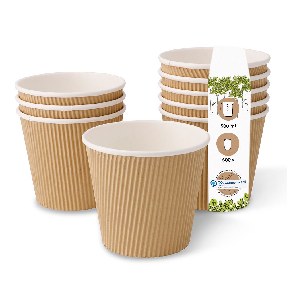 BIOZOYG 500 Stück Suppenbecher 500ml braune Einwegbecher Riffelbecher aus Kraftkarton, Bio-Becher mit Riffelwand, für Eintöpfe und heiße Speisen
