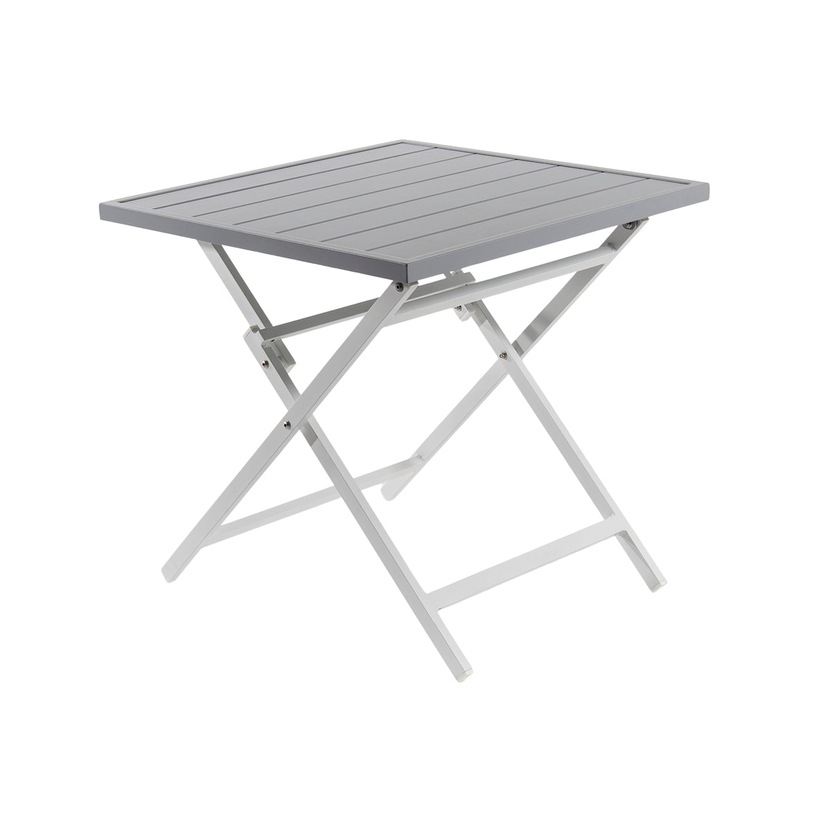Mesa quadrada dobrável para exterior em alumínio cor branco e cinza. Dimensões: 70x70x71 cm