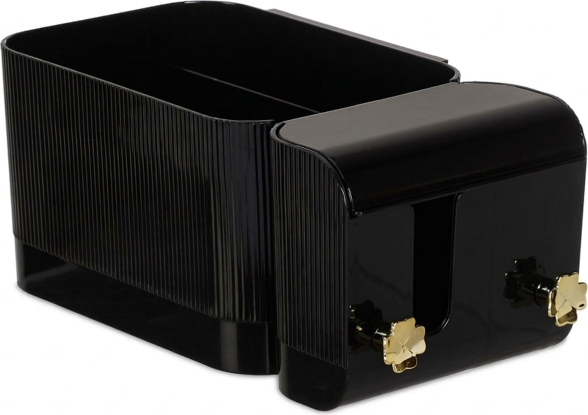 Relaxdays Kosmetik Organizer, 4 Fächer und 2 Haken, Wattestäbchenbehälter, Klebe-Wandmontage, Kunststoff, schwarz/gold