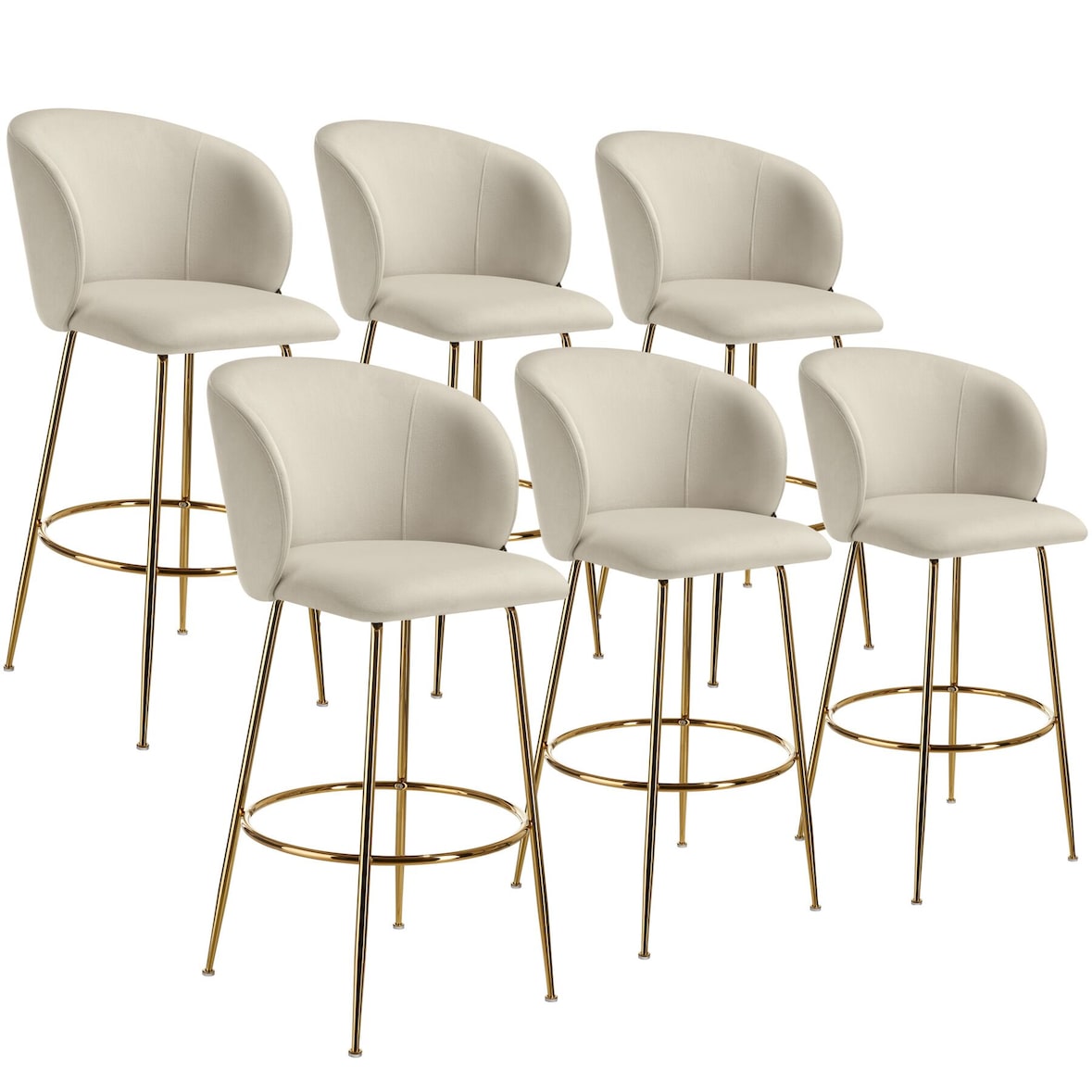 tectake Chaise de bar avec dossier LUANA aspect velours - crème/or, Lot de 6 - 405867