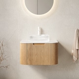 thumbnail of Hängender Badezimmer-Waschtisch 48×61×48 cm mit Rundem Kristallglasbecken in Carrara Weiß und Sperrholzschrank