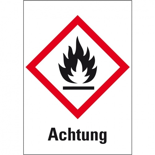 Aufkleber I Gefahrensymbol Flamme GHS 02, Achtung, Haftpapier, permanent, 74x105mm, 1000/Rolle, GHS-Verordnung