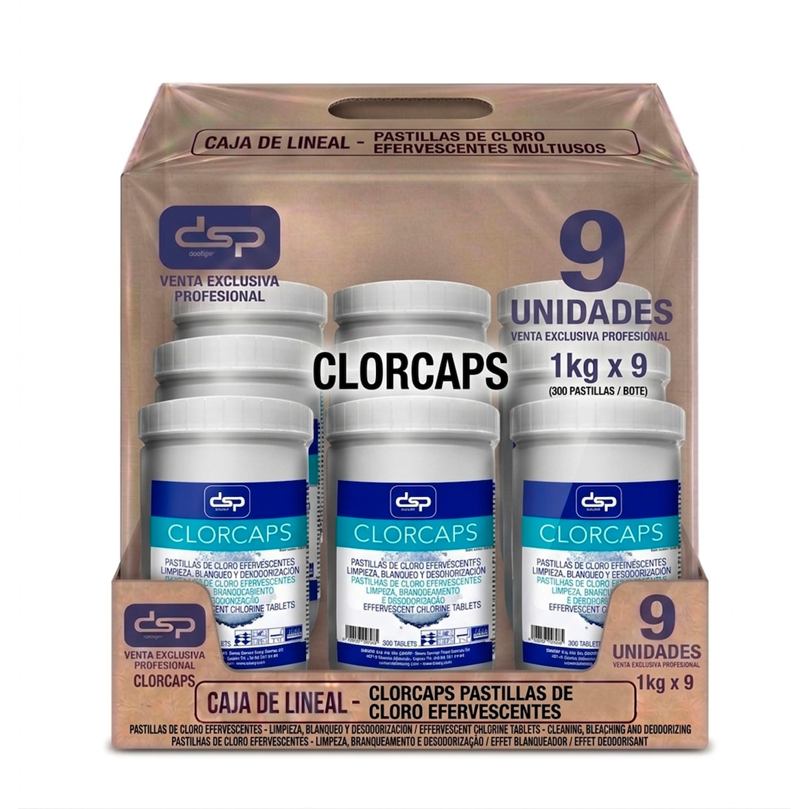 Lejía en pastillas Clorcaps caja de 9 botes de 300 pastillas