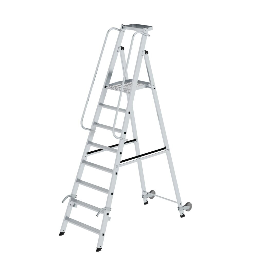PROREGAL Plattformleiter mit Rollen und Griff | 8 Stufen | inkl. beidseitigem Handlauf | Aluminium | nivello Leiterschuhe
