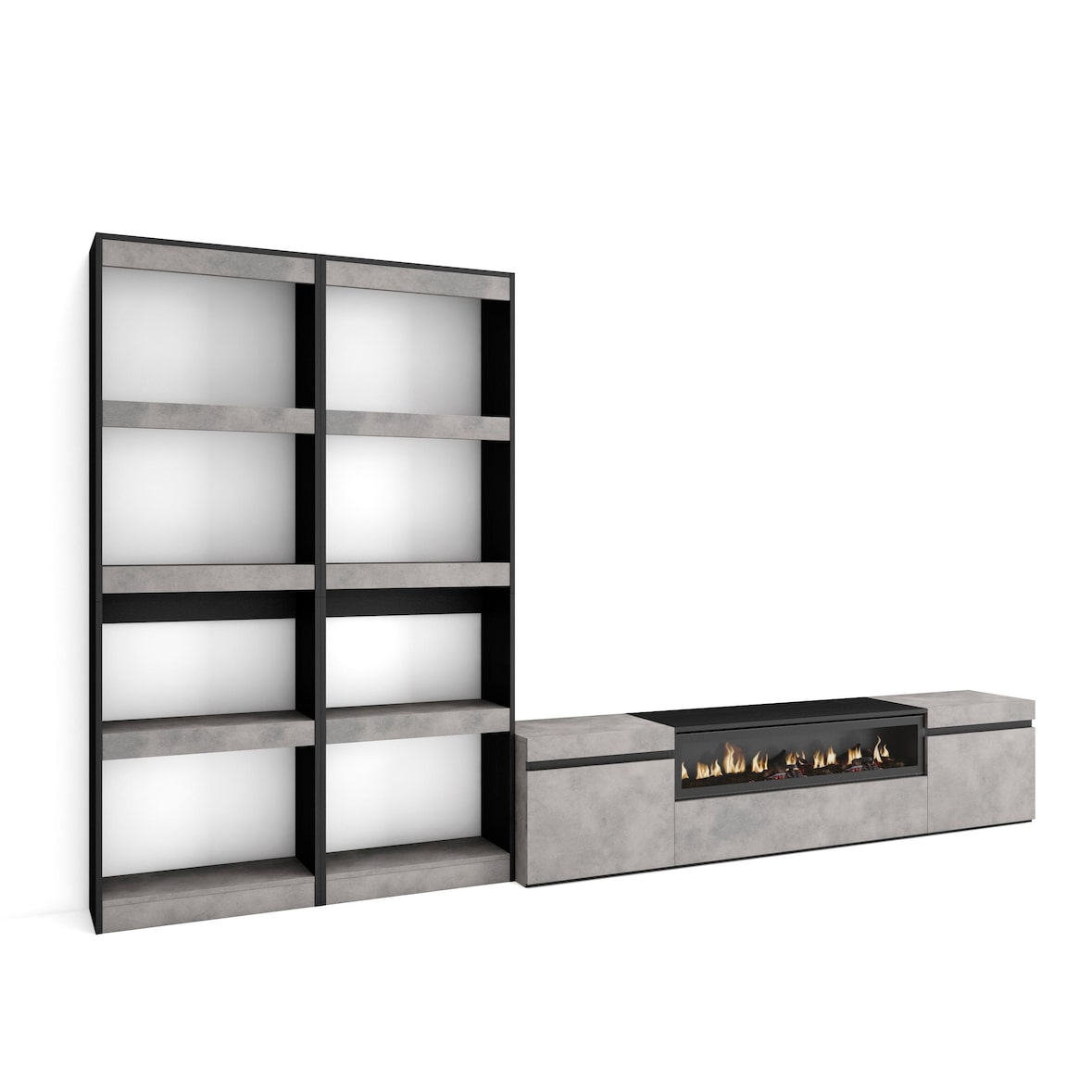 Meubels voor woonkamer, TV-Meubel, Lowboard, 320x35x186cm, Voor tv's tot 80", Elektrische haard, Moderne stijl, Cement _ 96_6