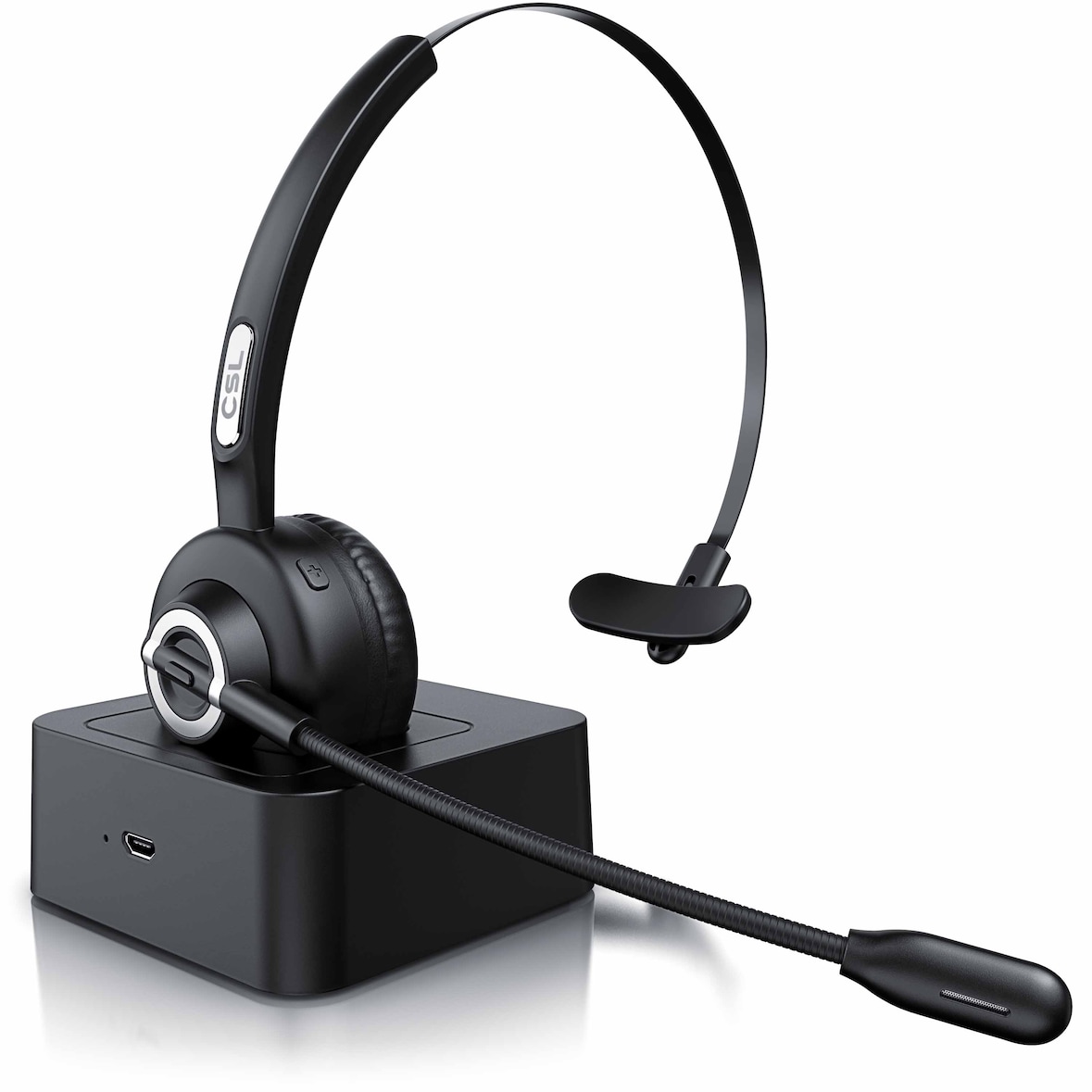 CSL - kabelloses Headset mit Ladestation - Mono Bluetooth Headset mit Mikrofon - USB Ladeport - Multipoint, Rauschunterdrückung - leicht