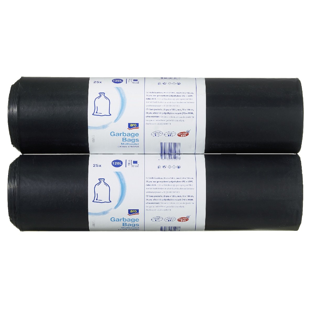 aro Sacchetti per rifiuti, HDPE/LDPE, 70 µm, 70 x 110 cm, 120 L, nero, 2 rotoli x 25 unità (50 unità)