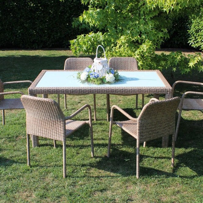 BS COM Tavolo intreccio e piano in vetro 150x90 Wicker 150x90x75 cm Marrone