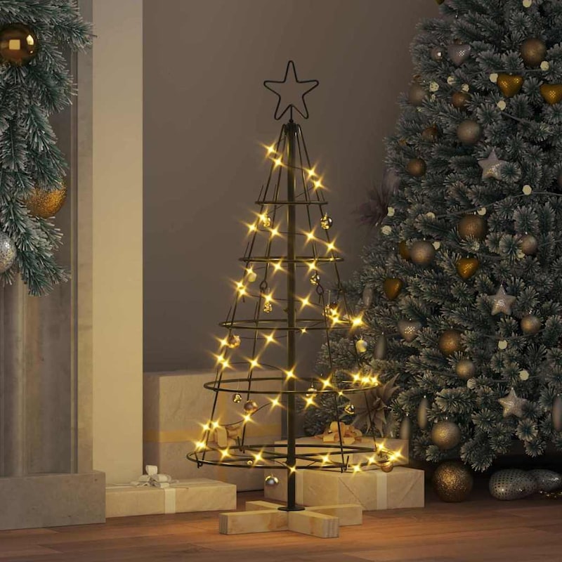 Ein beleuchteter Weihnachtsbaumständer mit Stern.