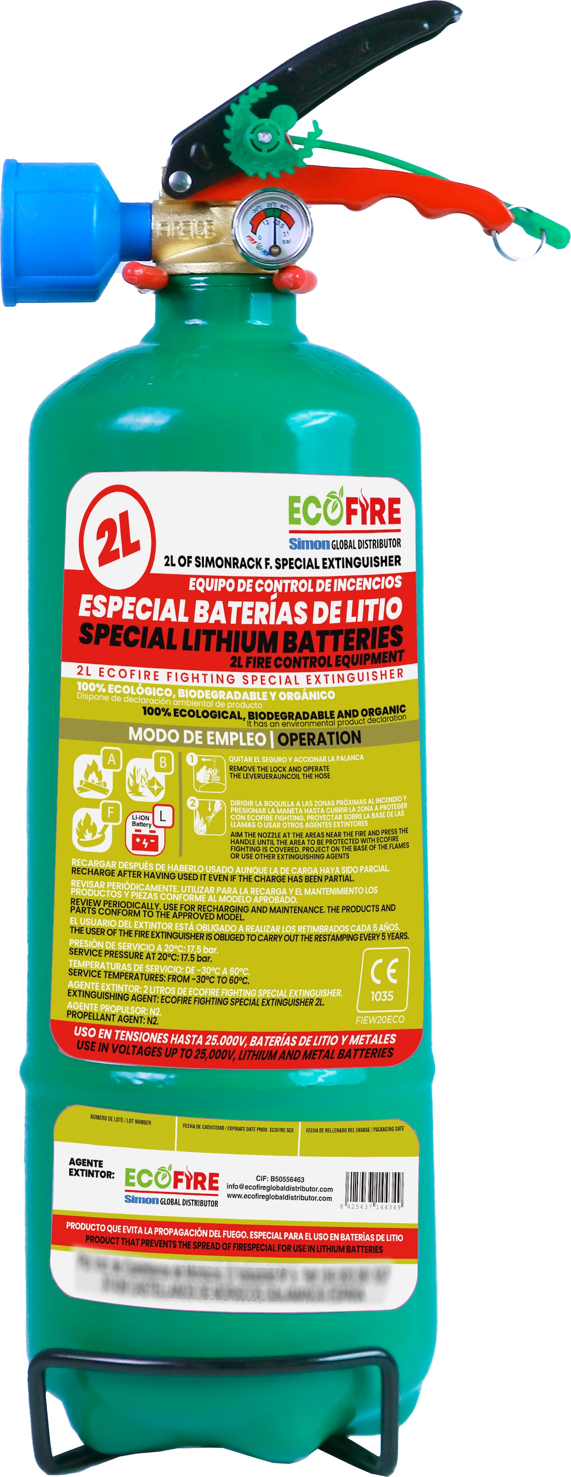 ECOFIRE Equipo Extinción de Fuegos ABFL, 2 litro, Apaga Baterías Litio, Ecológico