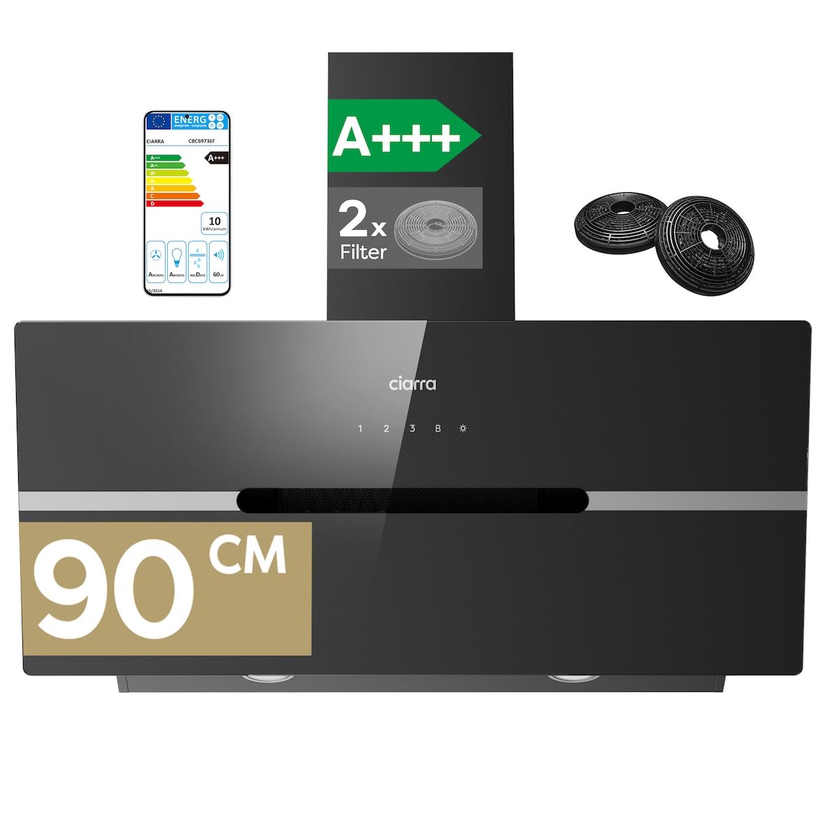 CIARRA Hotte Aspirante Inclinée 90 cm A+++ 650 m³/h Fonction Boost WIFI-APP Contrôle tactile Évacuation & Recyclage VM9736FB