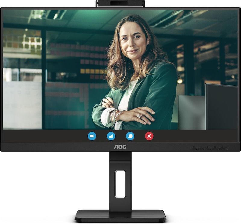 Ein Monitor mit einer Frau, die sich unterhält.