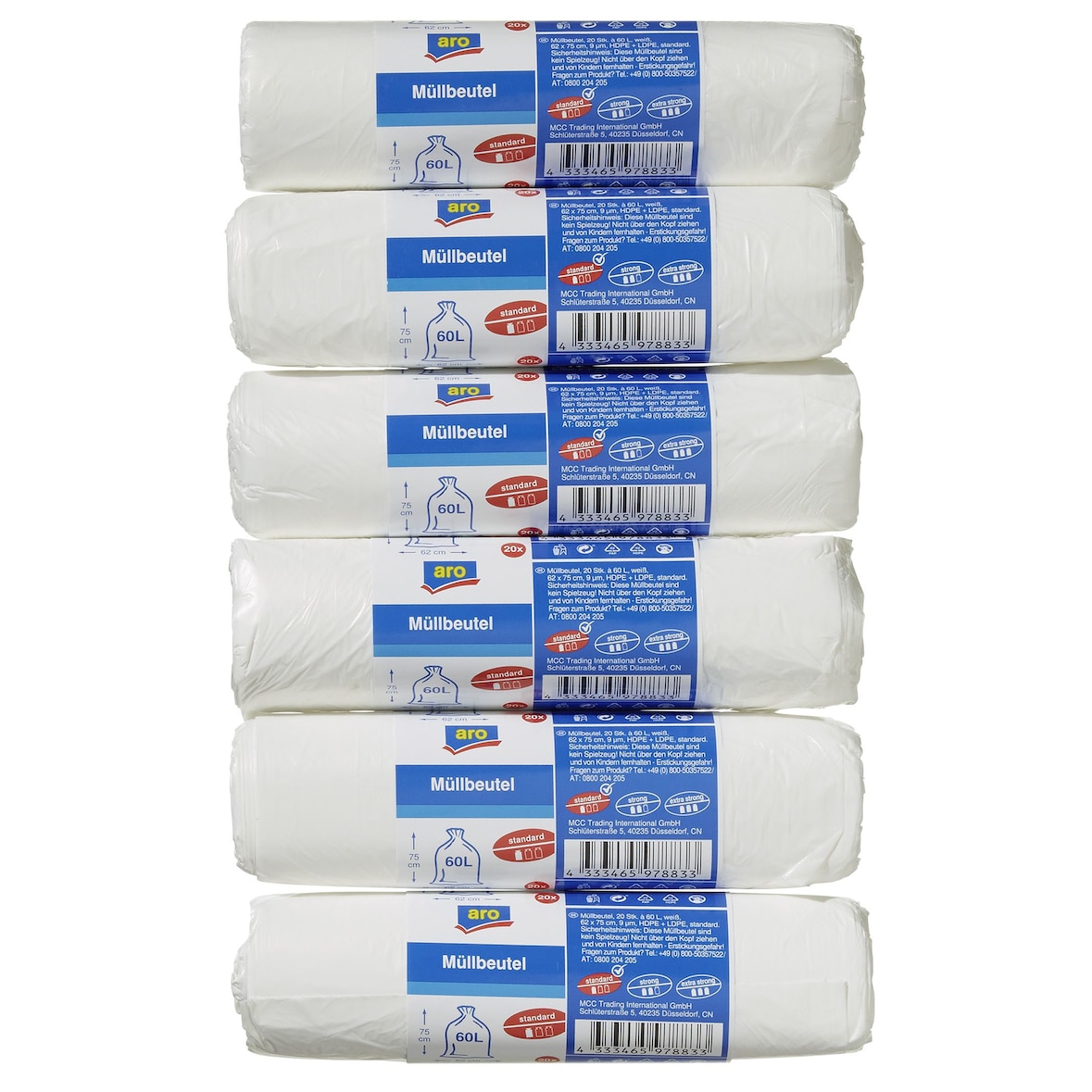 aro Bolsas de basura, HDPE / LDPE, 9µm, 62 x 75 cm, 60 L, blanco, 6 rollos x 20 unidades (120 unidades)