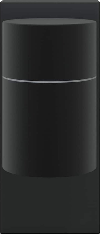 Eine schwarze zylindrische Wandleuchte mit silbernem Streifen.
