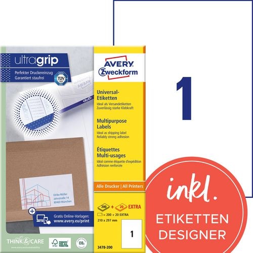 AVERY Zweckform ultragrip Universaletiketten 3478-200 Selbsthaftend DIN A4 Weiß 210 x 297 mm 220 Blatt à 1 Etiketten