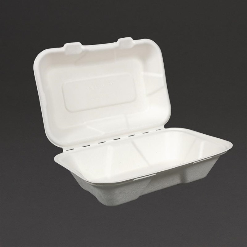 Vegware composteerbare bagasse voedseldozen met scharnierdeksel 22,8cm