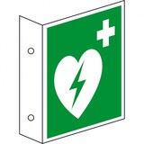 thumbnail of Schild I Fahnenschild Automatisierter Externer Defibrillator (AED), doppelseitig, Kunststoff, 200x200mm, ASR A1.3, ISO 7010 E010
