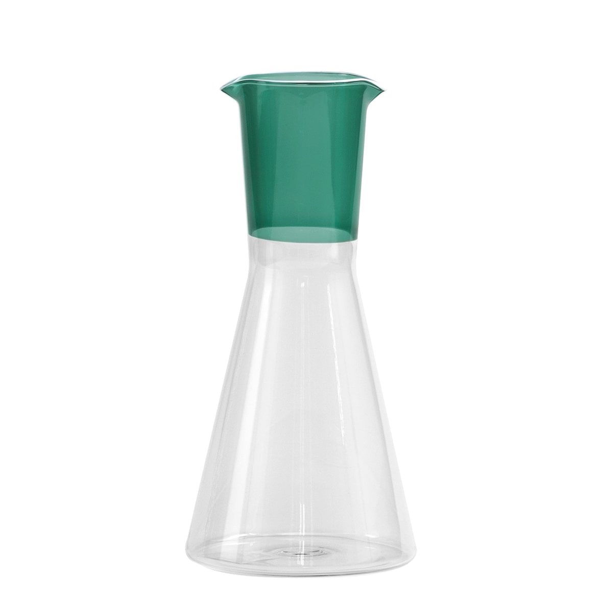 Zafferano Classy Collection tweekleurige karaf van handgeblazen borosilicaatglas in meergroen en transparant met een uniek geometrisch ontwerp.