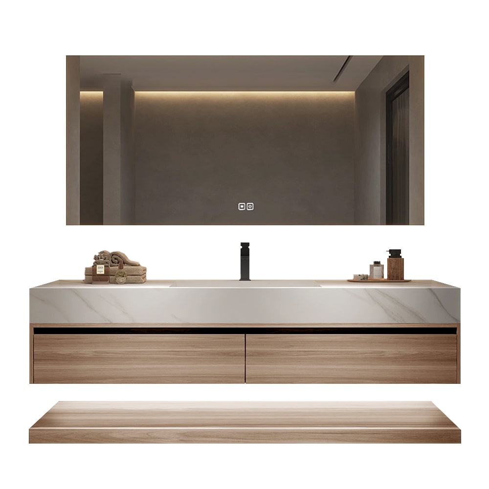 【YT3256-110K】Waschbecken Holzmaserung Unterschrank aus Keramik Weiß Arbeitsplatte Set Spiegel 110*55cm