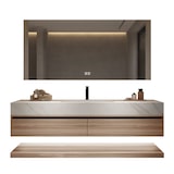 thumbnail of 【YT3256-110K】Waschbecken Holzmaserung Unterschrank aus Keramik Weiß Arbeitsplatte Set Spiegel 110*55cm