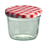 thumbnail of 25er Set Sturzglas 230 ml Marmeladenglas Einmachglas Einweckglas To 82 rot karierter Deckel incl. Diamant-Zucker Gelierzauber Rezeptheft