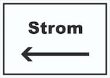 thumbnail of Strom Schild mit Text und Richtungspfeil links Anschluss waagerecht A5 Rückseite selbstklebend