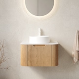thumbnail of Hängender Badezimmer-Waschtisch 49×61×48 cm mit Keramik-Waschbecken und Carrara-weißer Arbeitsplatte in Naturholz-Optik, Soft-Close-Schubladen