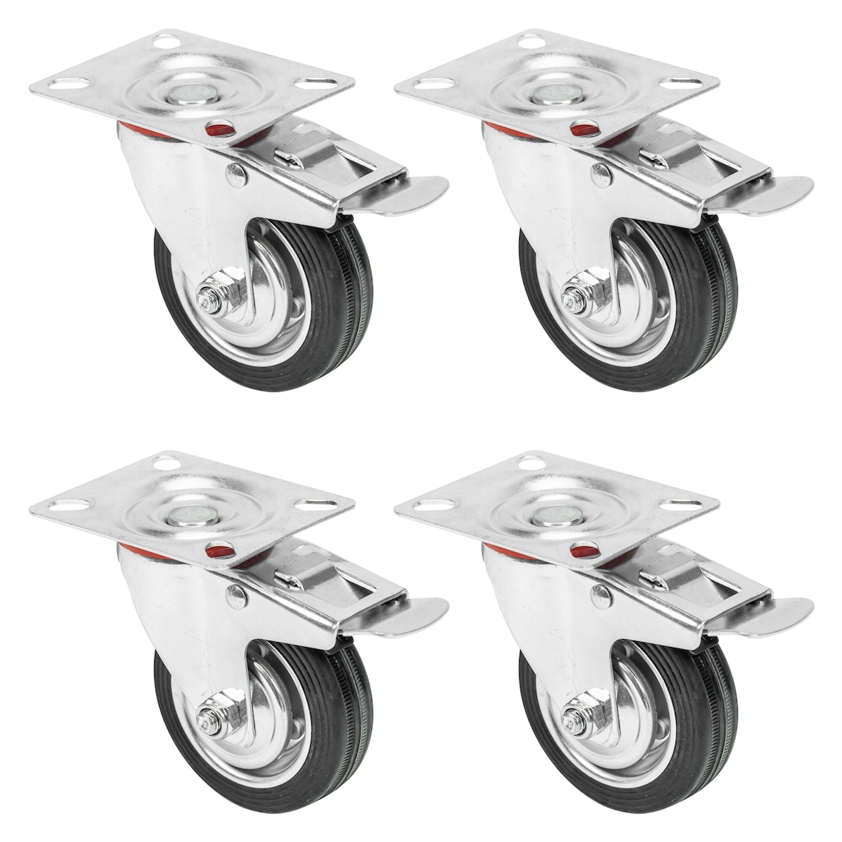 HMF 6790 Schwerlastrollen mit Bremse aus Vollgummi, 4 Stück, 75 mm, bis 200 kg, Schwarz