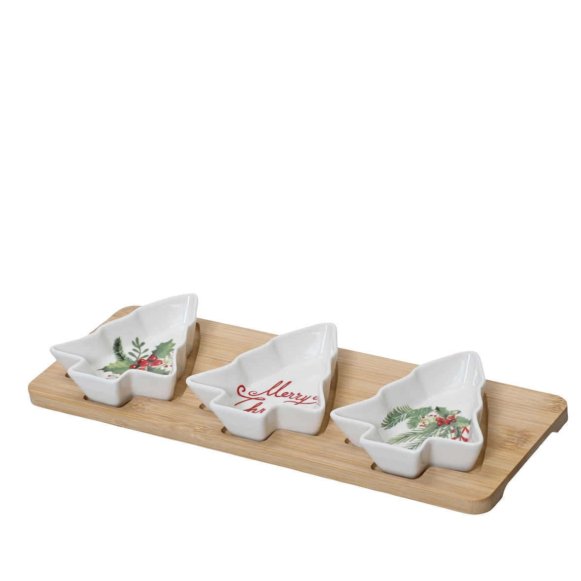 Servierschalen in Tannenbaum Form mit Holztablett 33x12cm Porzellan
