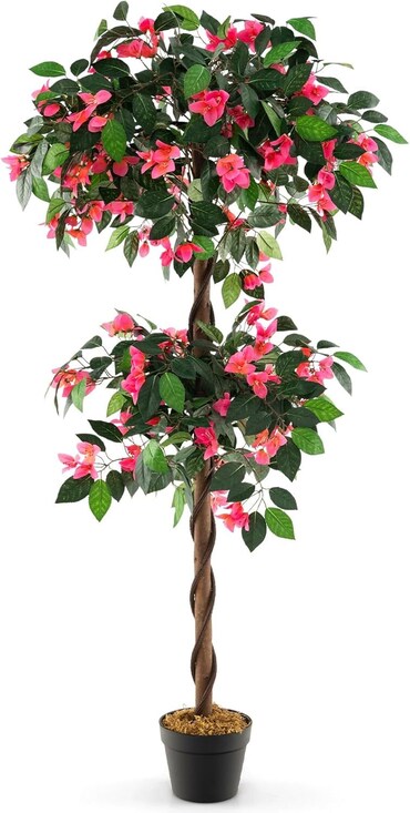 COSTWAY Árbol Artificial con Flores 150 cm, Planta Artificial en Maceta, Planta de Interior con 252 Flores y Hojas Naturales y Tronco