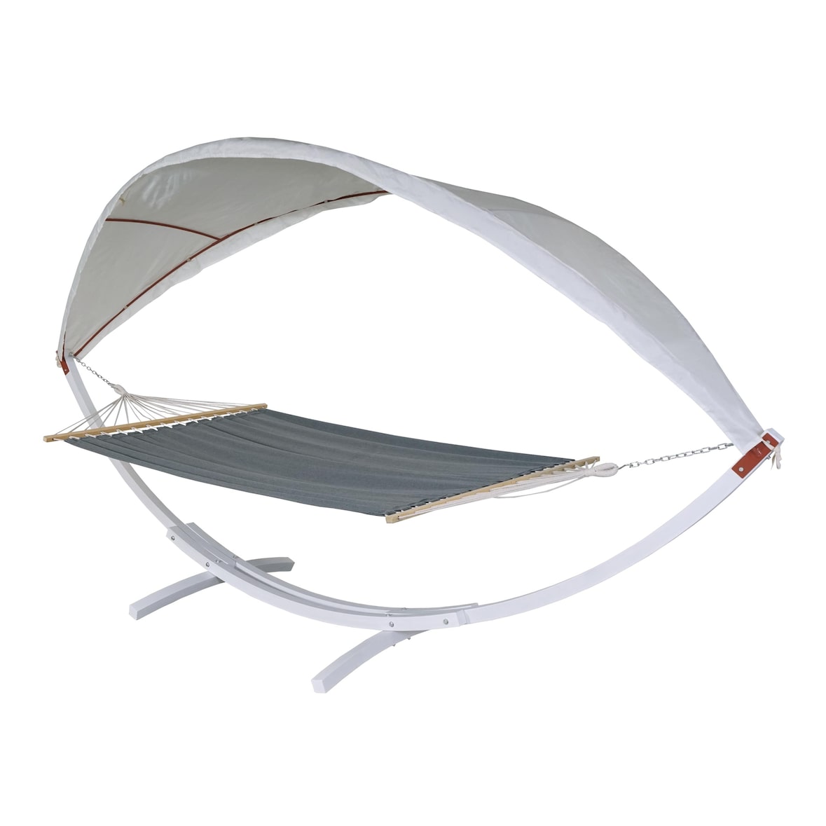 Hängematte HWC-J47, Hängeschaukel bis 200kg Sonnendach MVG-Holzgestell 420cm 2 Personen ~ weiß, grau