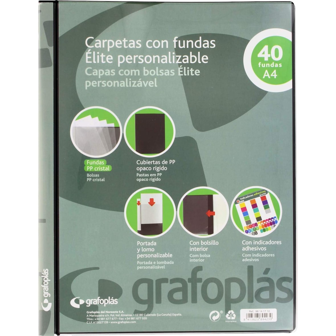 Pasta de capas PP A4 40 capas lombada personalizável "Élite" Preto