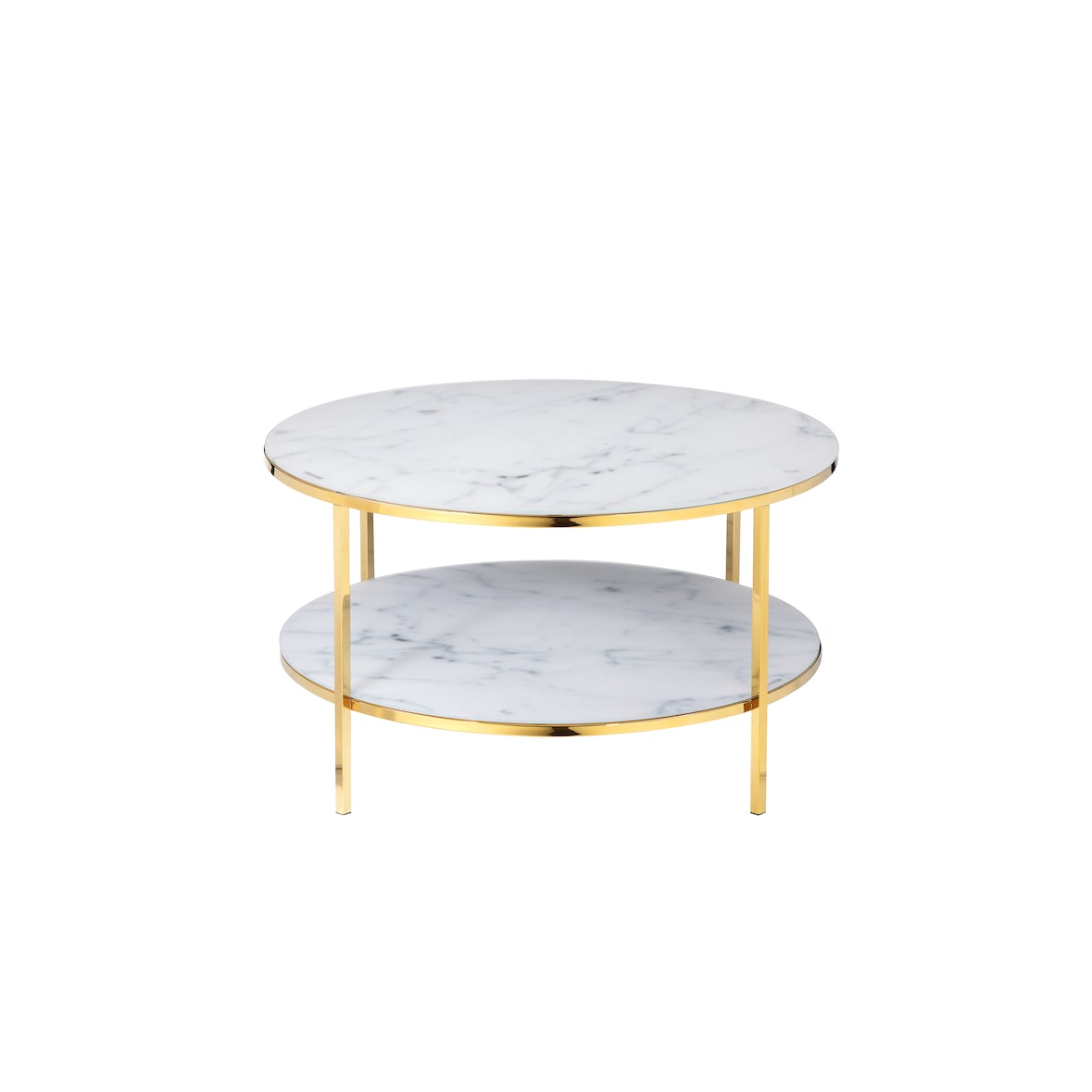 SalesFever Table basse ronde|avec 2 étagères|Plaque de verre revêtue d'une feuille d'aluminium aspect marbre|Cadre en métal|L80xP80xH45cm|or blanc