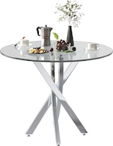 thumbnail of Esstisch rund 80x80x75 cm Silber mit gehärteter Glasplatte und galvanisierten Metallbeinen, kreuzförmiges Gestell, modern und platzsparend