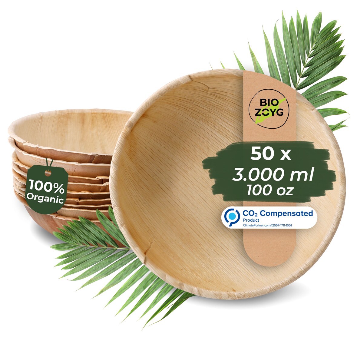 BIOZOYG 50 Stück runde Einwegschalen Palmblattschalen 3000ml für Partys, umweltfreundliches Biogeschirr, Einmalgeschirr, biologisch abbaubar