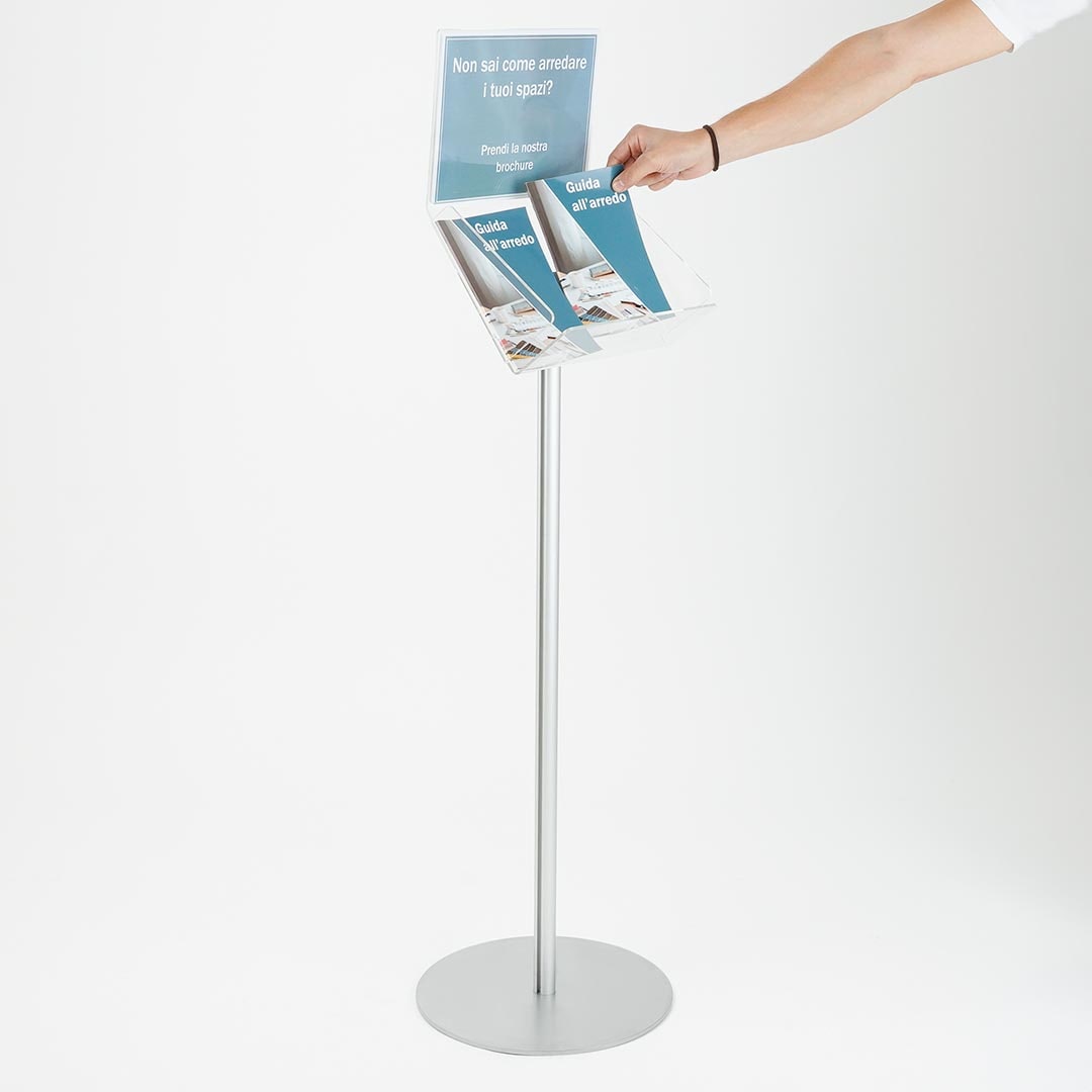 Danieli Store | Expositor publicitario de pie con atril portafolletos tamaño A4 horizontal | Soporte de metacrilato para folletos