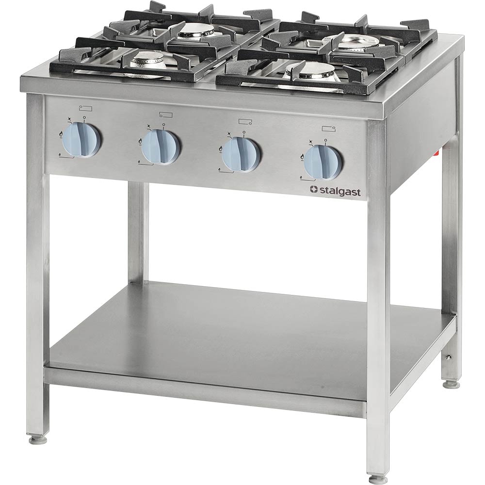 Stalgast Edelstahl Gasherd Serie 900 - 4-Brenner (3,5+5+2x7), 22,5 kW, G20, 900 x 900 x 850 mm (BxTxH)